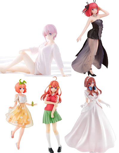 Quintessential Quintuplets figures with different outfits — pajamas, little black dress, casual sundress, uniform, and wedding dress