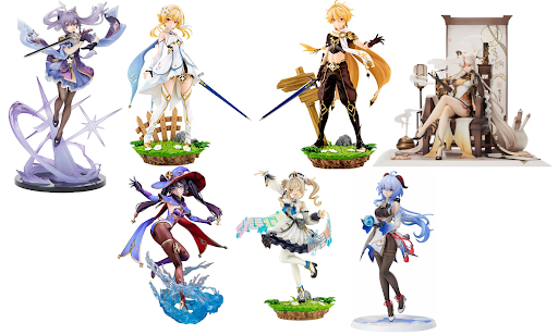 Genshin Impact Keqing, Lumine, Aether, Ningguang, Mona, Barbara, and Ganyu scale figures