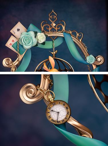 March Hare figure details of roses, playing cards, and pocket watch