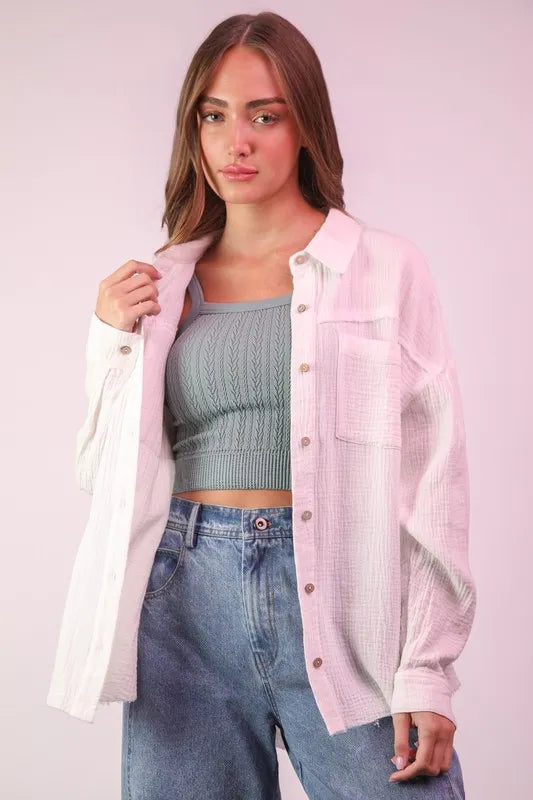 VERY J Plus Size Mineral Washed Gauze Shirt Top in White