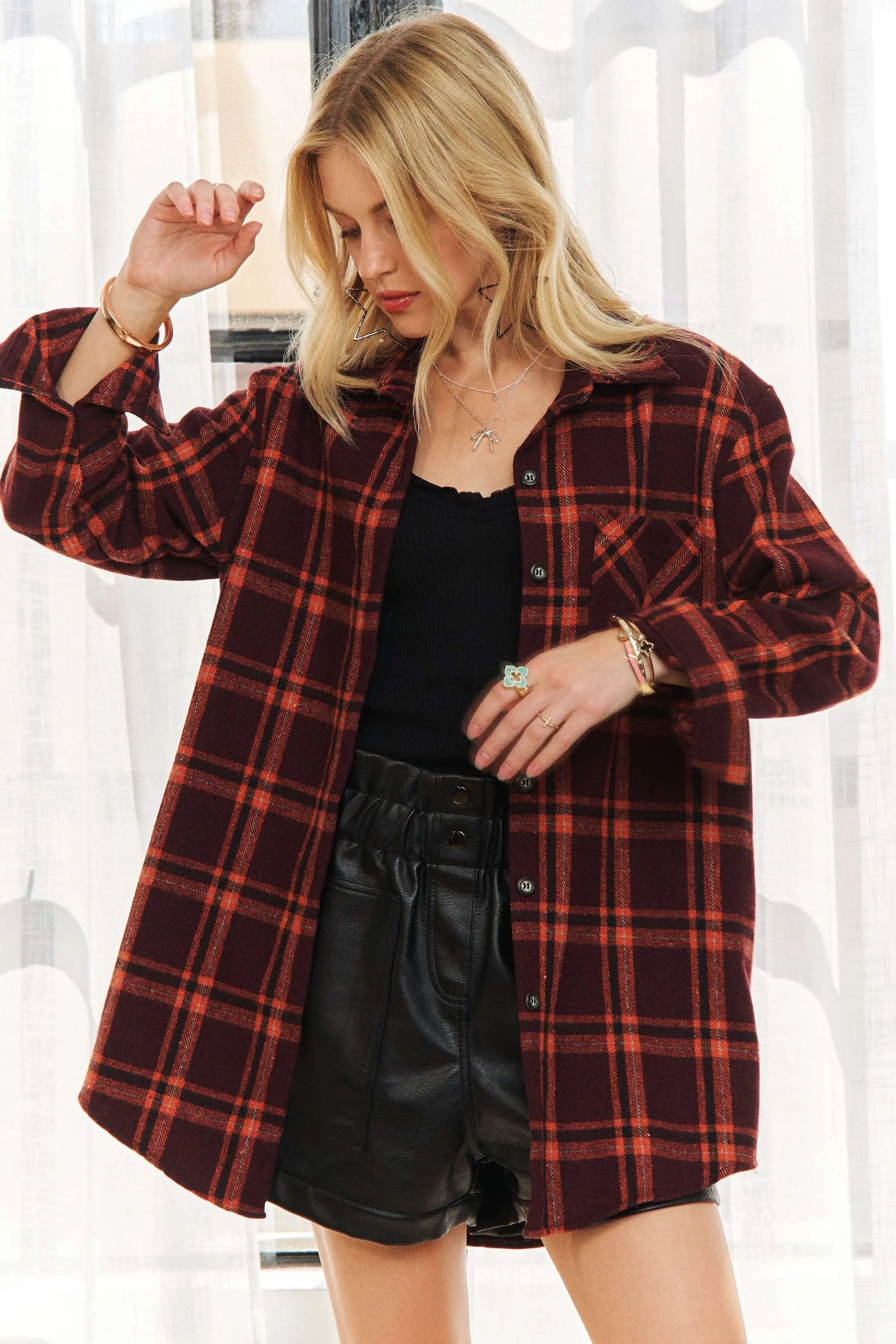 ADORA Full Size Button Down Flannel Shirt Plus Size in Red