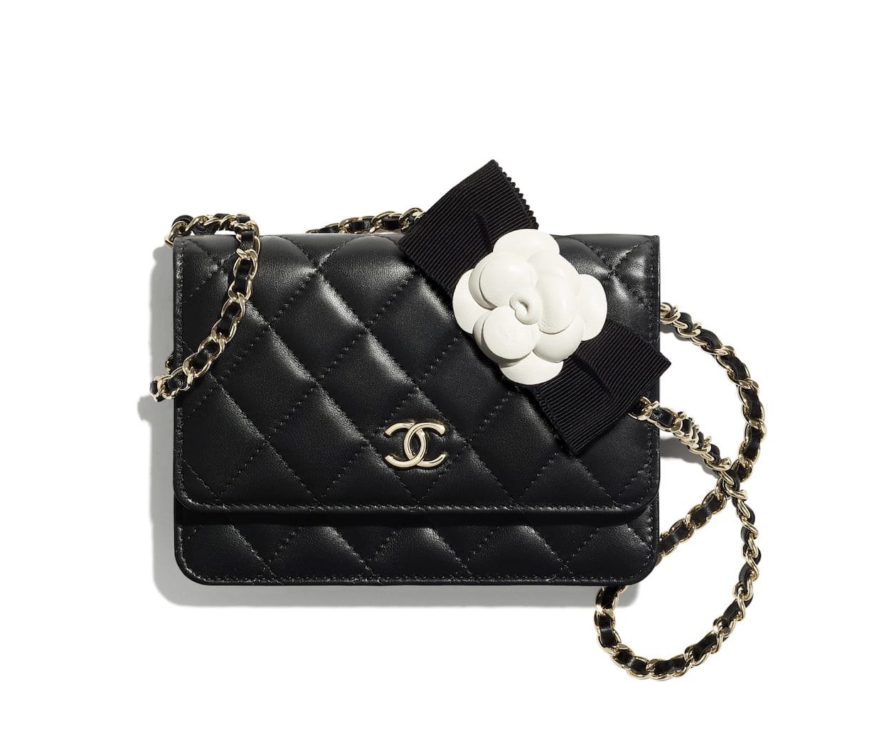 Chanel Lambskin Quilted Mini Camellia Bow Wallet On Chain Black