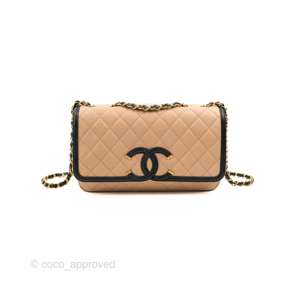 Chanel Quilted Medium CC Filigree Flap Beige Black Caviar