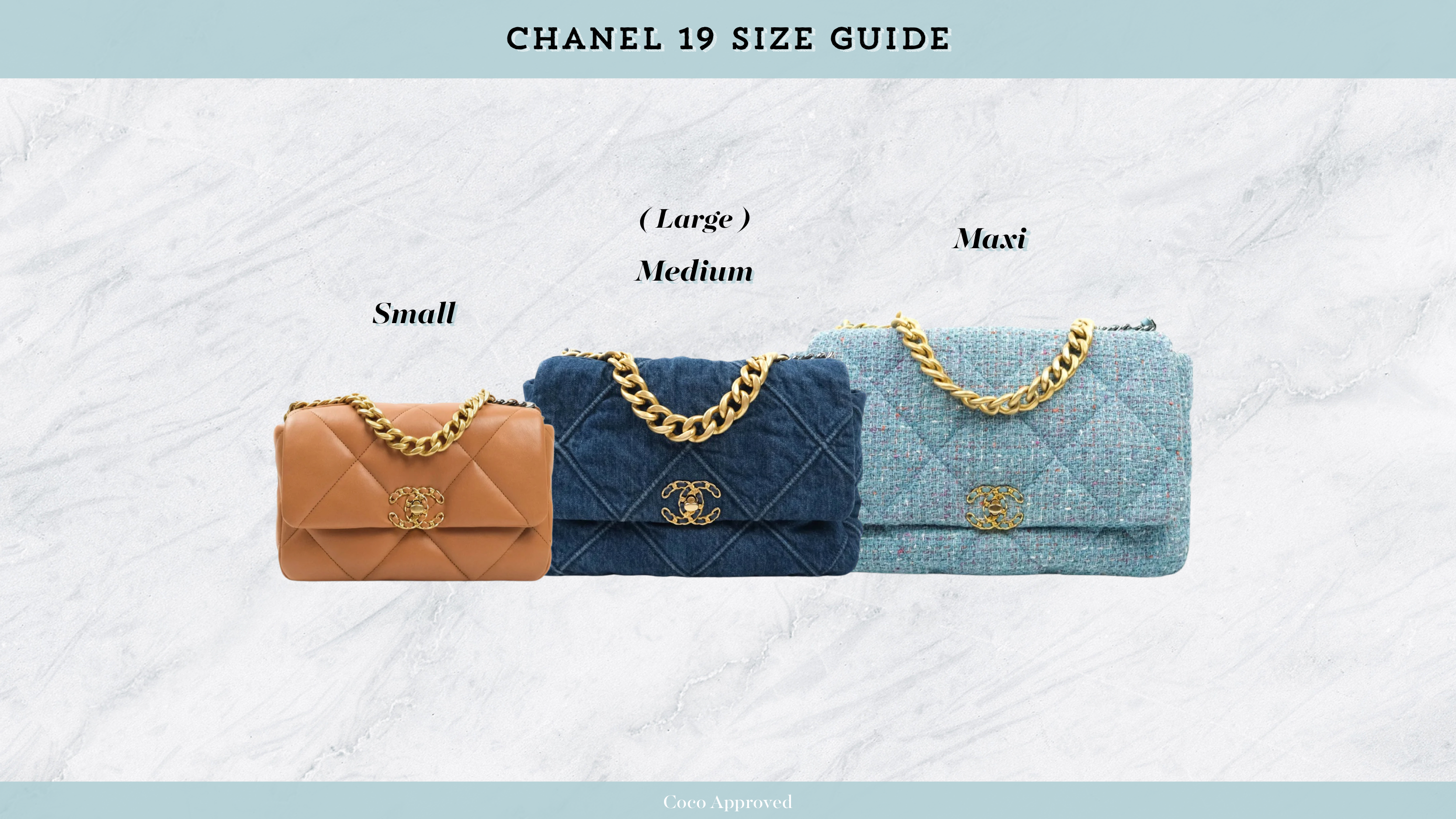 Chanel 19 size guide: small, medium (large), maxi