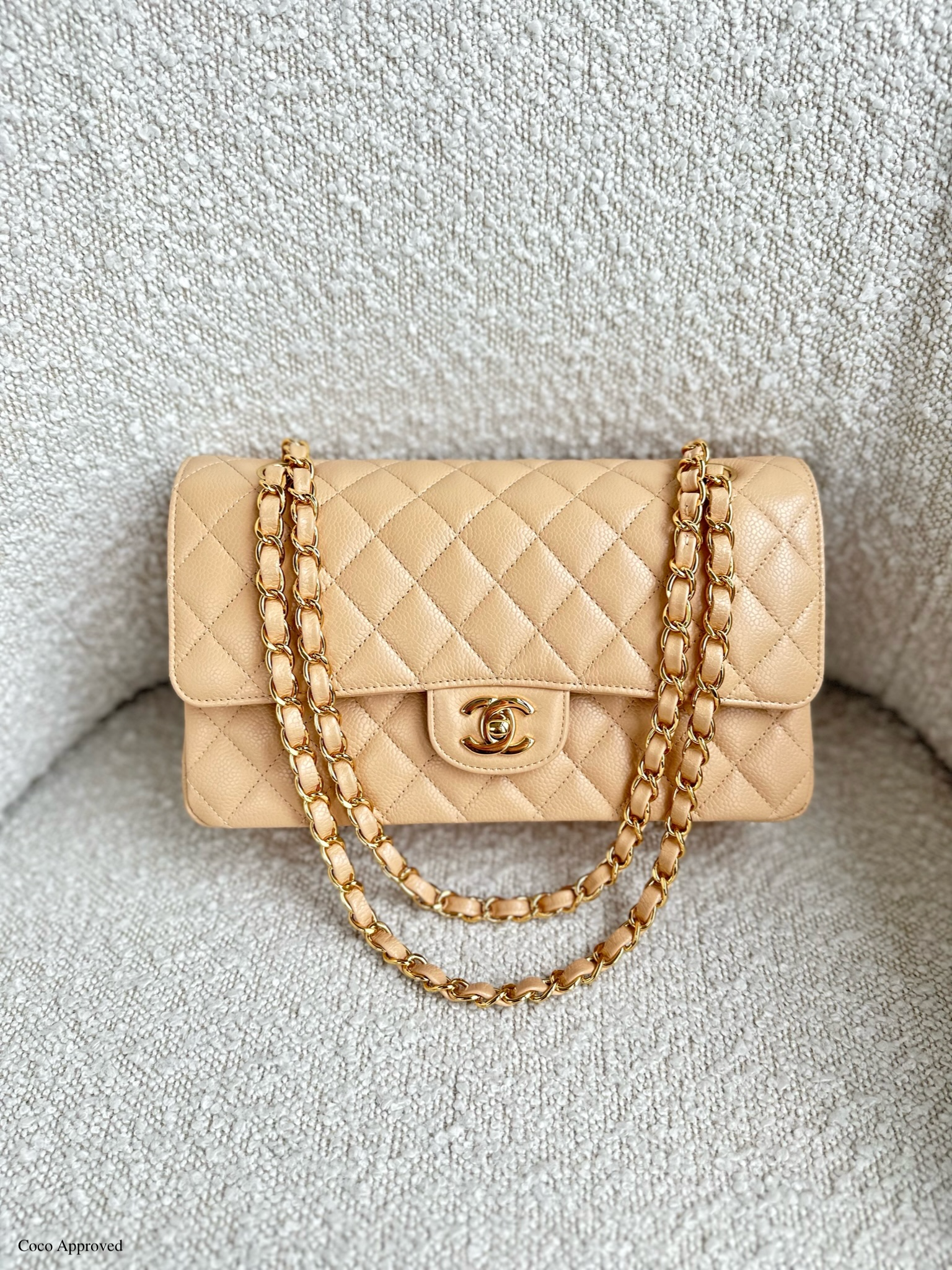 Chanel Medium Classic Flap Beige Caviar Gold Hardware 