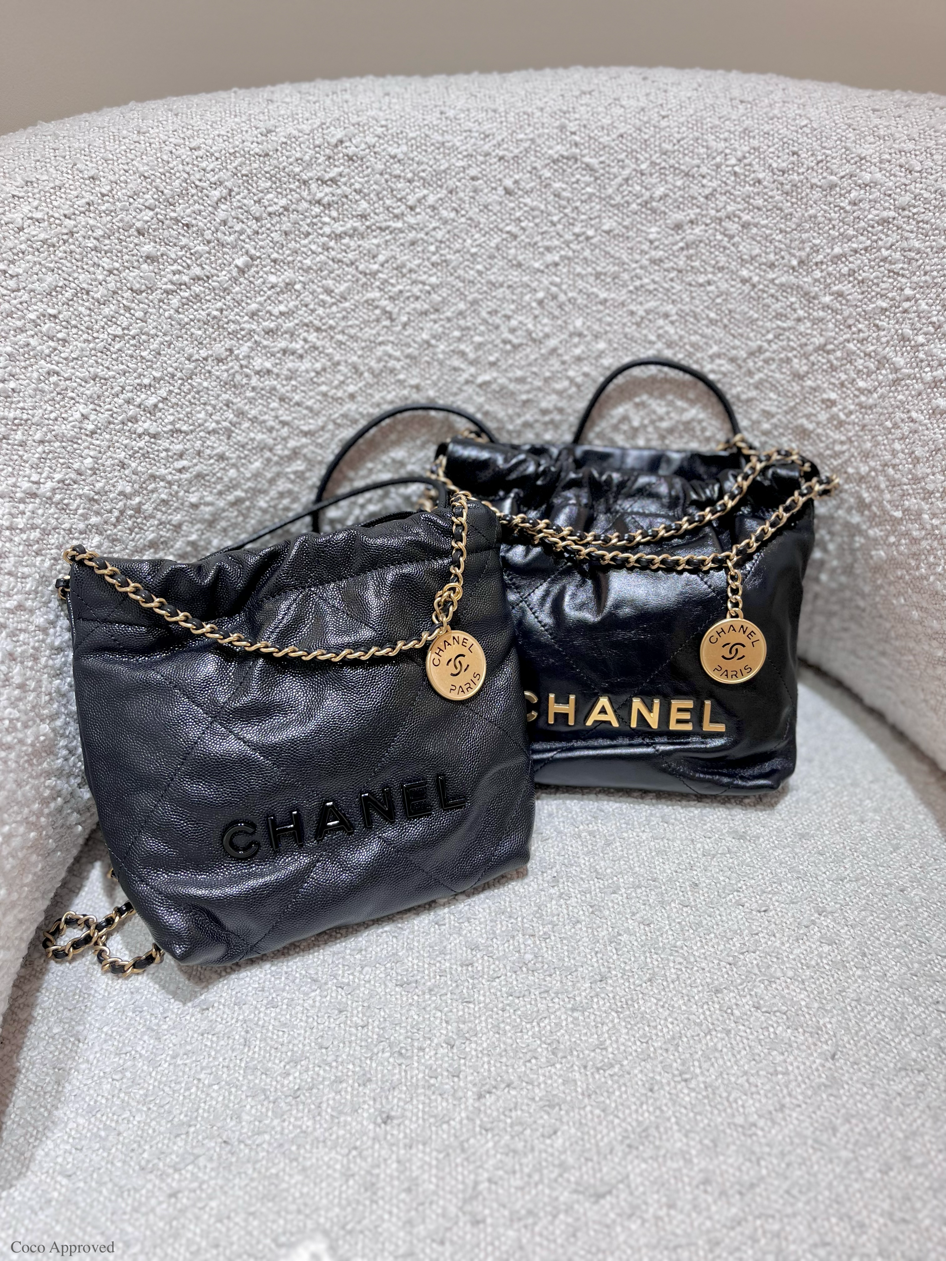 chanel 2022 mini 22 shiny crumpled black ; mini 22 so black caviar 2023