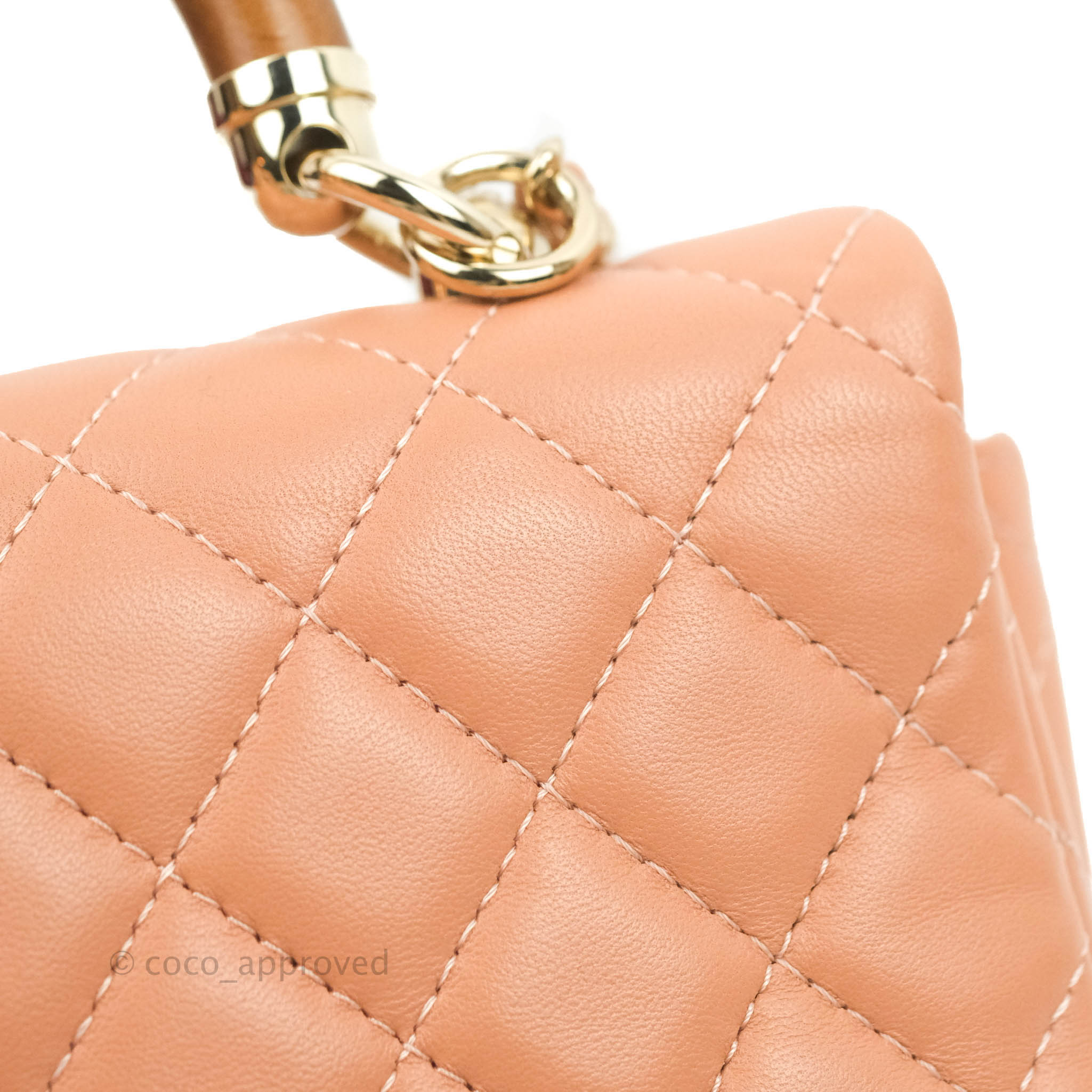 Chanel Quilted Knock On Wood Top Handle Bag Beige Pink Lambskin Gold H   Coco Approved Studio