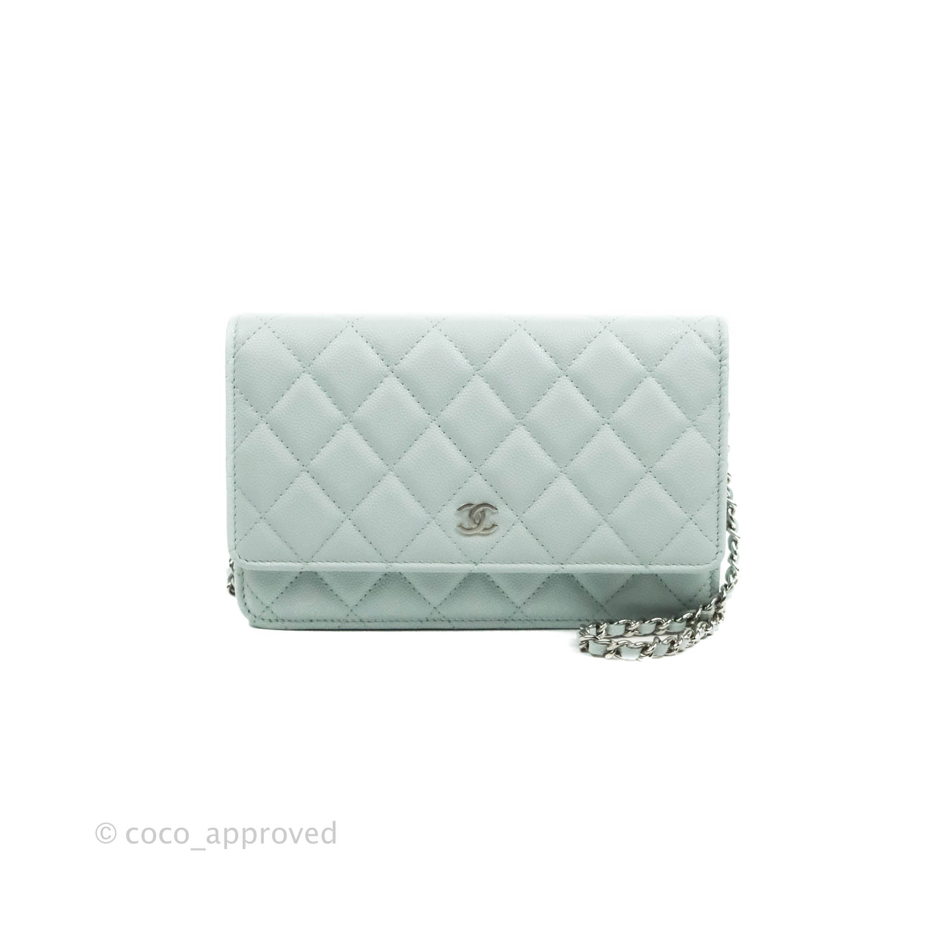 Chanel Quilted Classic Wallet on Chain WOC Light Blue Caviar Silver Ha –  Coco Approved Studio