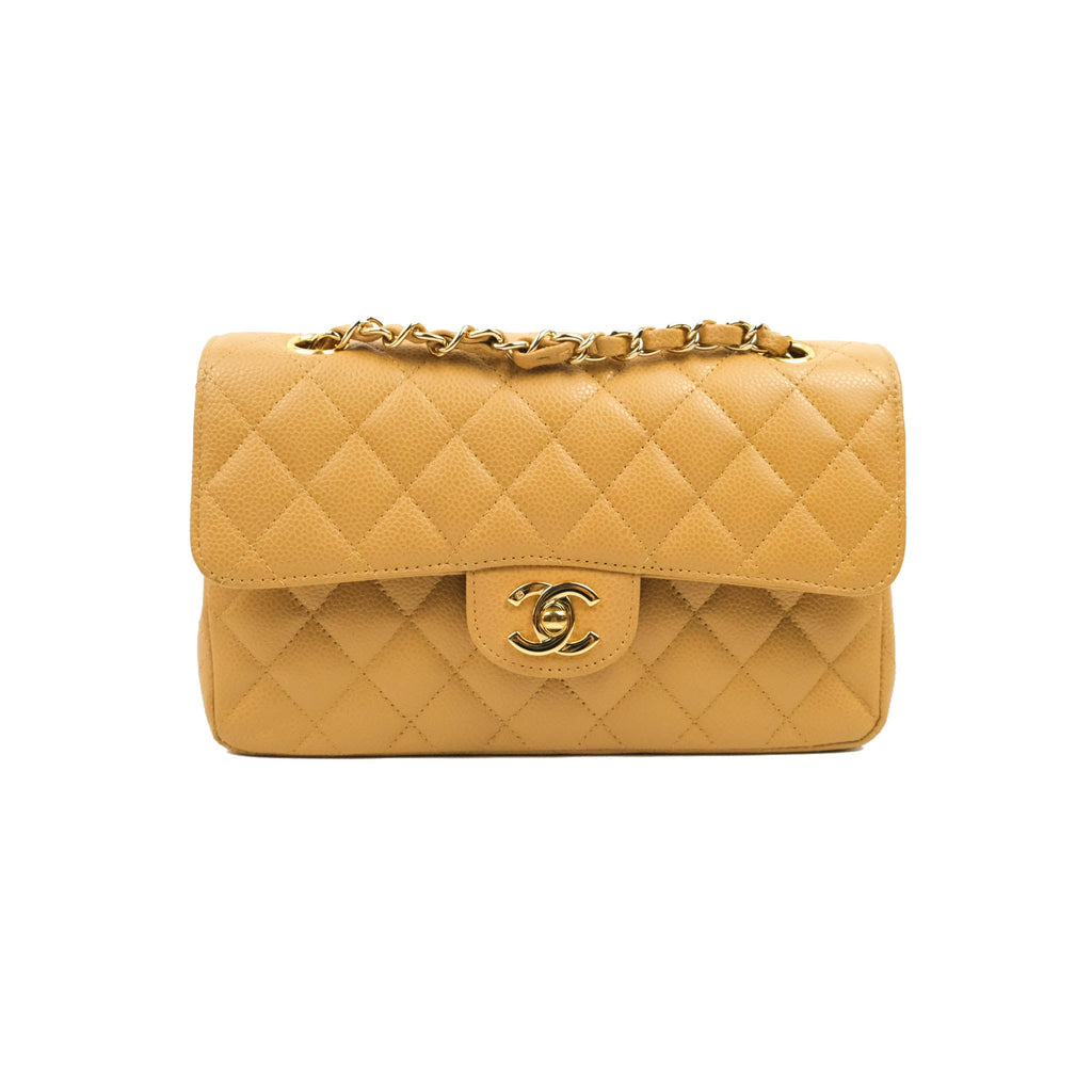 Chanel S/M Small Classic Quilted Flap Dark Beige Caviar 24K Gold Hardw –  Coco Approved Studio