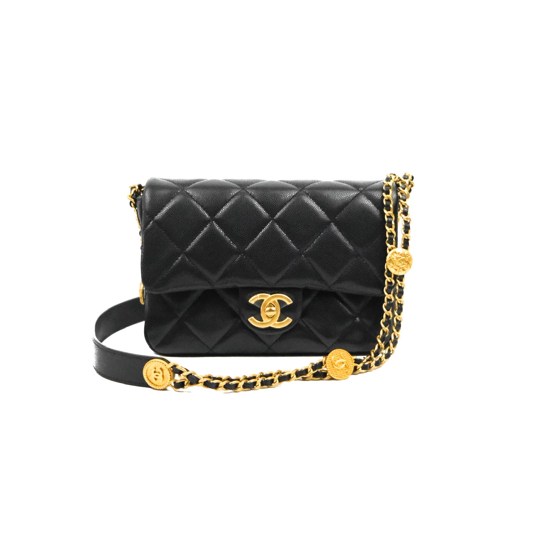 Chanel Small Flap with Coin Charm Black Caviar Aged Gold Hardware 22A –  Coco Approved Studio