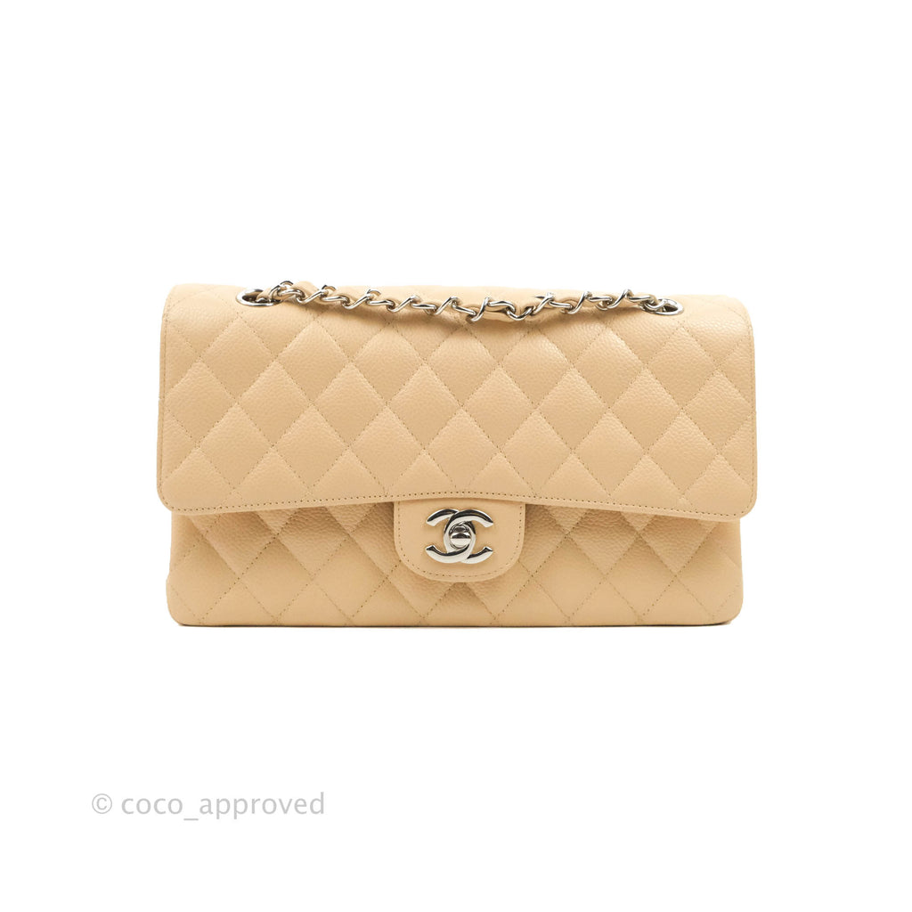 Chanel Classic M/L Medium Flap Quilted Beige Caviar Gold Hardware