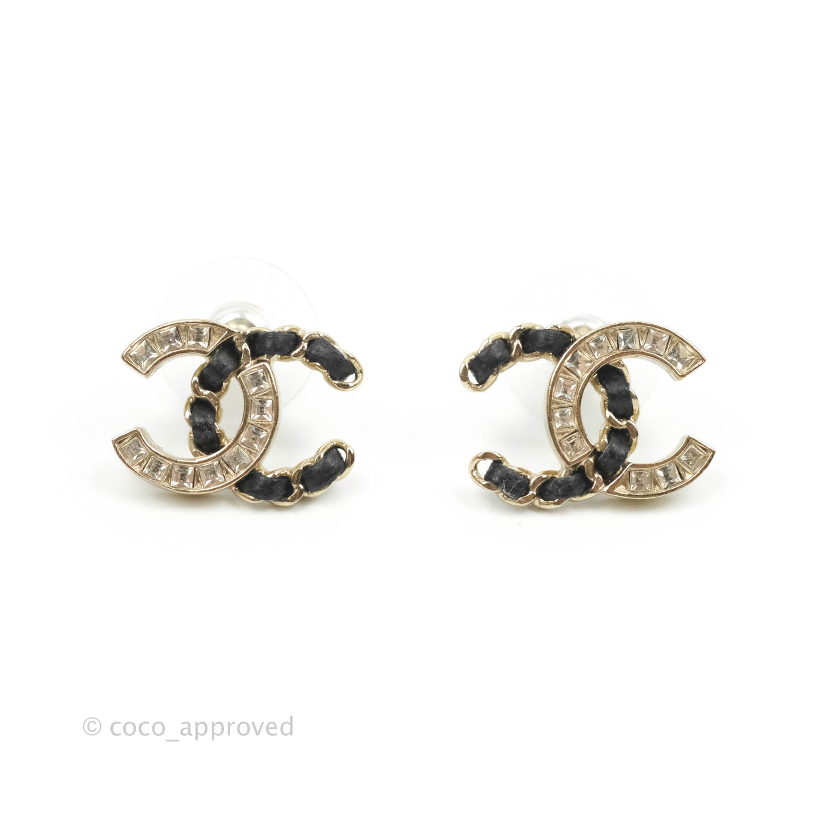 Chanel Crystal CC Braided Black Leather Earrings Light Gold Tone 20V – Coco  Approved Studio