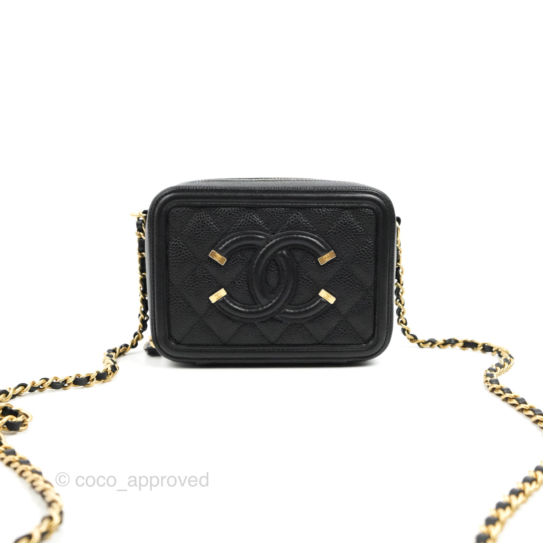 Chanel CC Filigree Vanity Clutch With Chain Caviar Black Aged Gold Har –  Coco Approved Studio