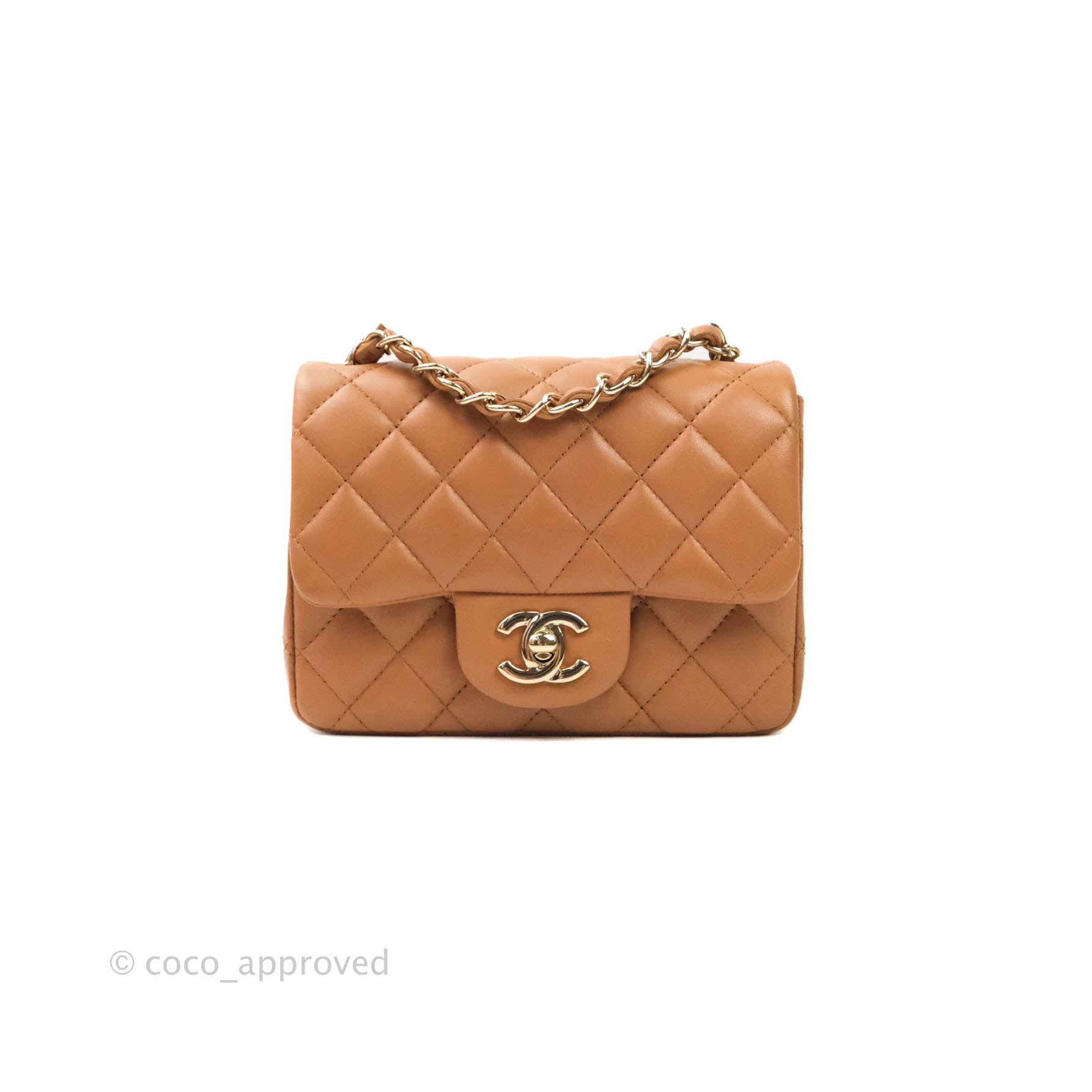 Chanel Classic Quilted Mini Square Caramel Dark Beige Lambskin Gold Ha –  Coco Approved Studio