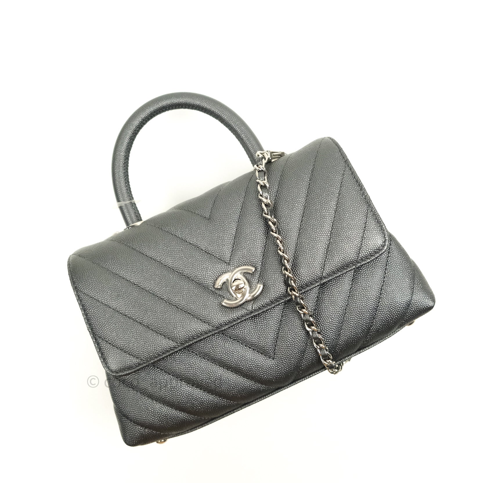 Chanel Coco Handle Chevron Mini Dark Grey Caviar Quilted Dark Silver H –  Coco Approved Studio