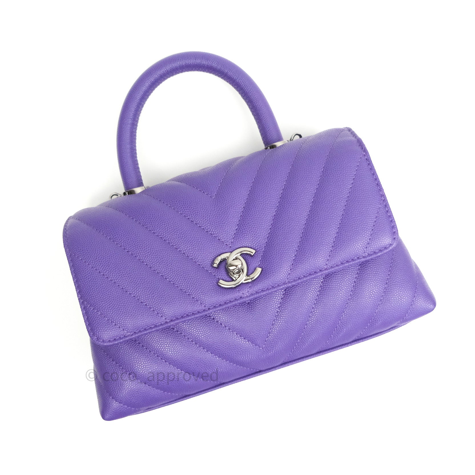 Chanel Mini Coco Handle Chevron Purple Caviar Quilted Dark Silver Hard –  Coco Approved Studio