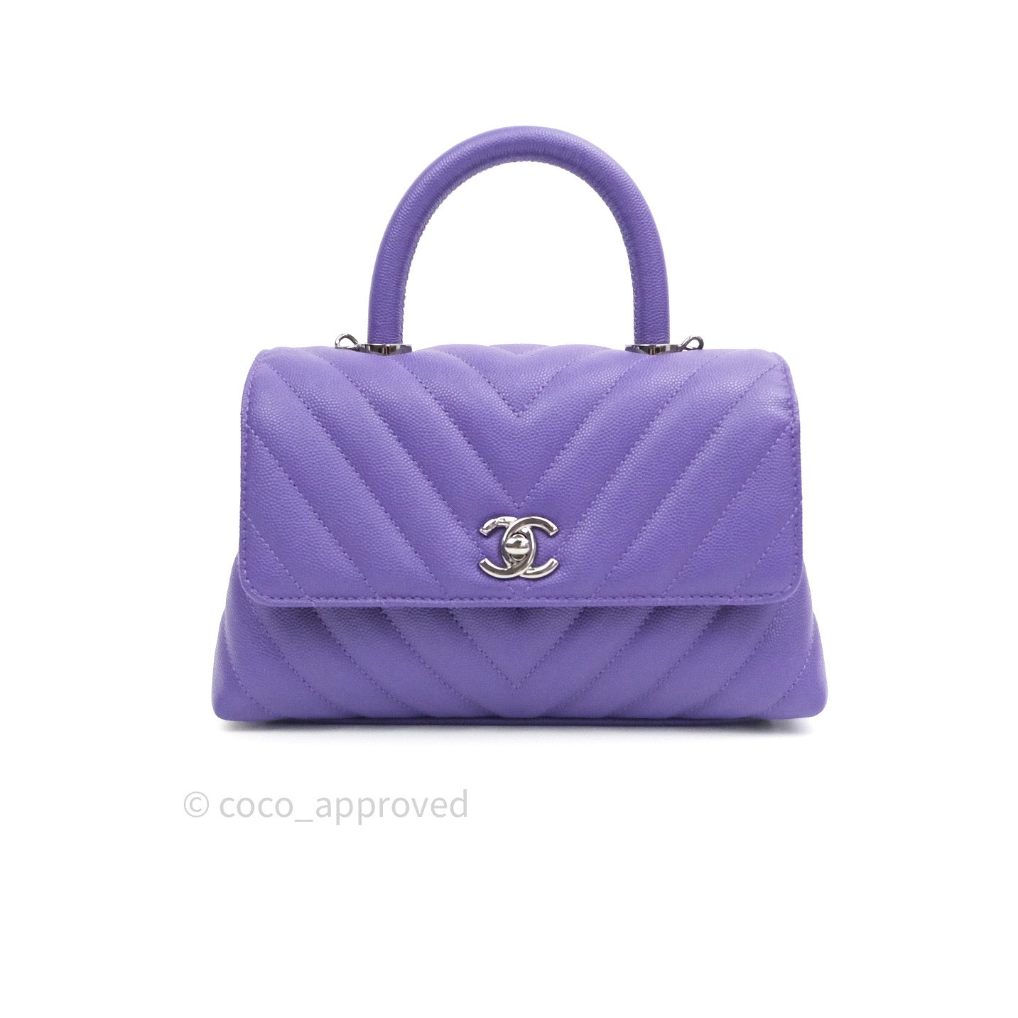 Chanel Mini Coco Handle Chevron Purple Caviar Quilted Dark Silver Hard –  Coco Approved Studio