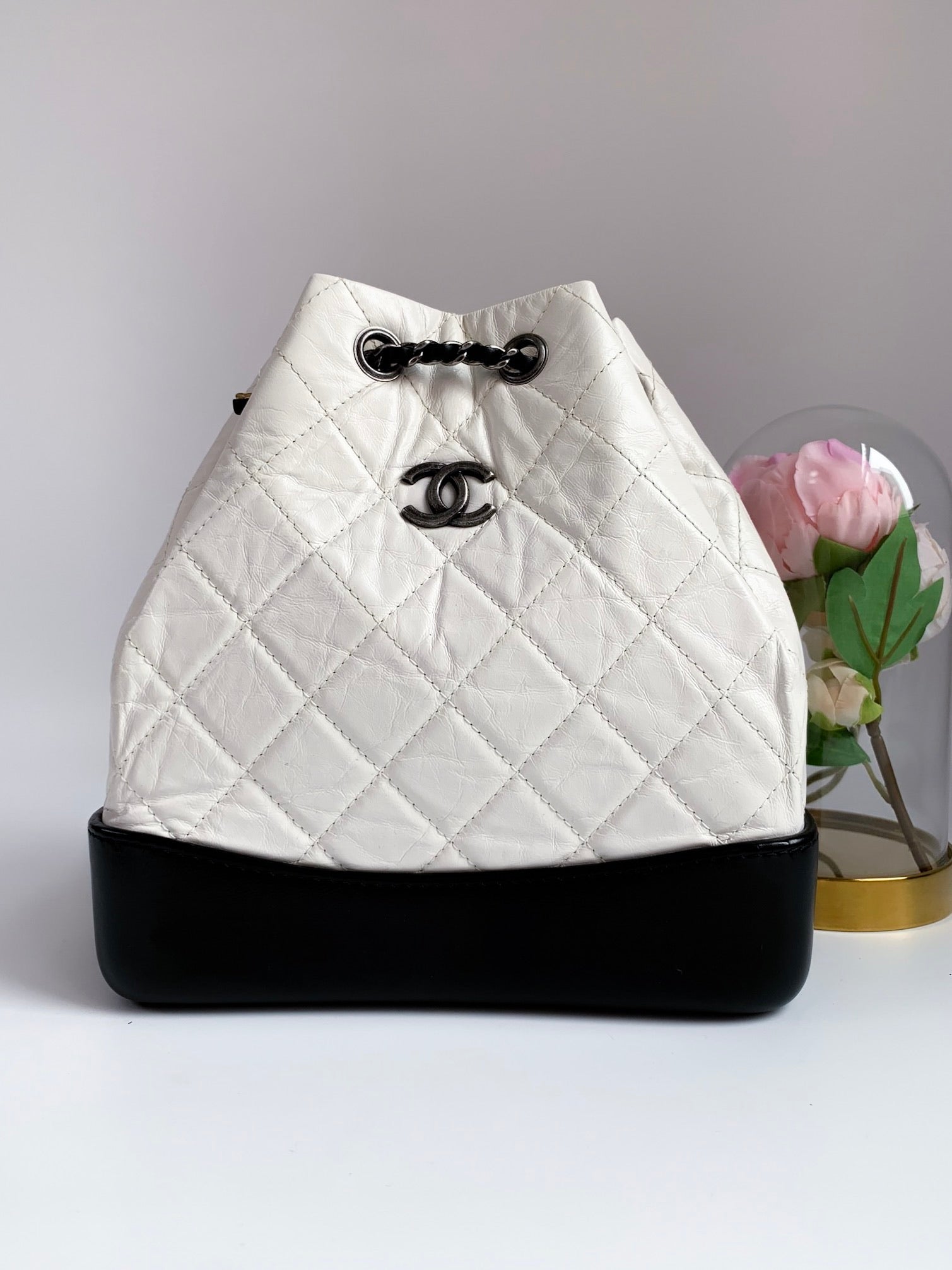 Chanel Gabrielle Backpack Quilted Goatskin and Patent Small White 466601