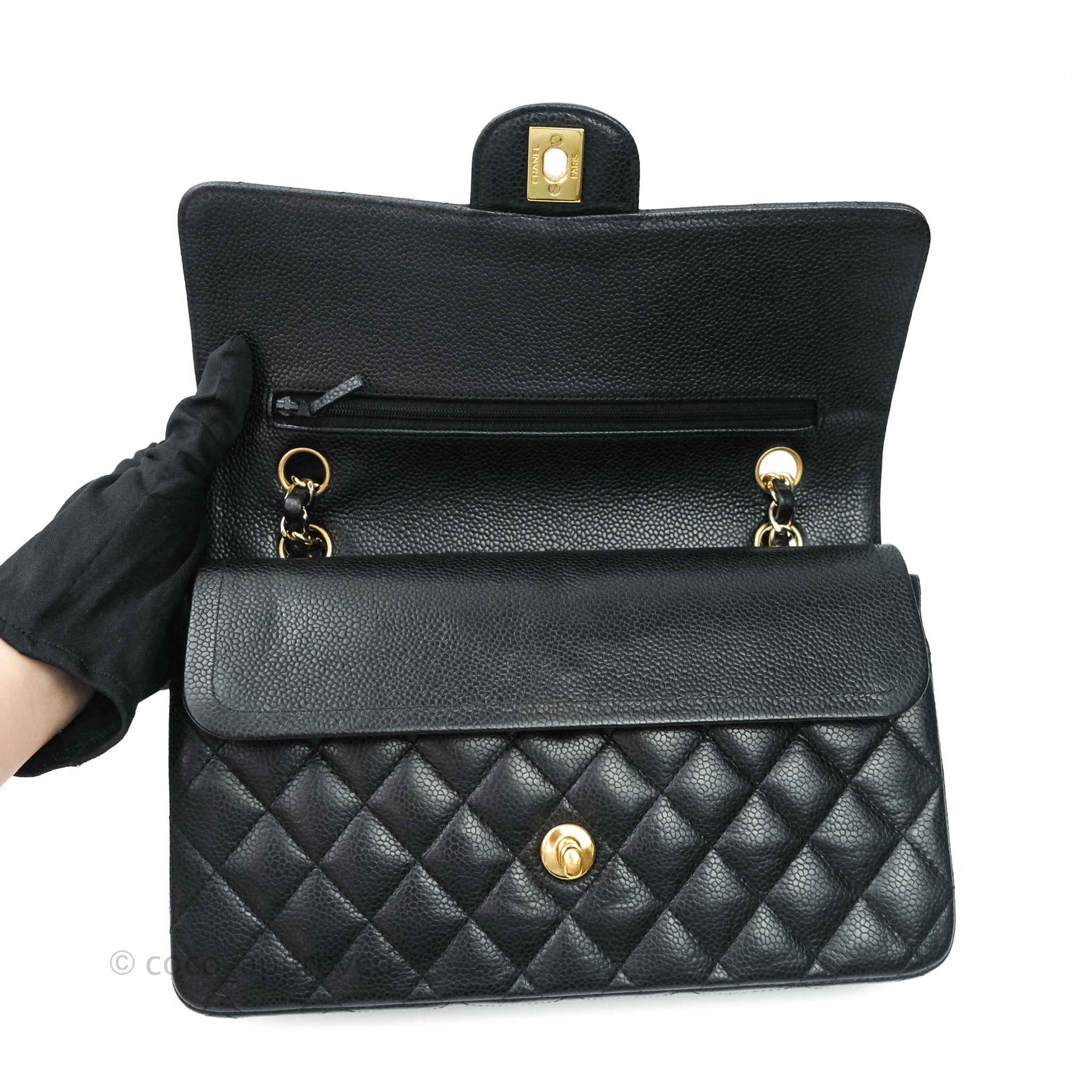 Chanel Classic Medium Double Flap Bag in Black in Caviar with Gold Hardware   SOLD