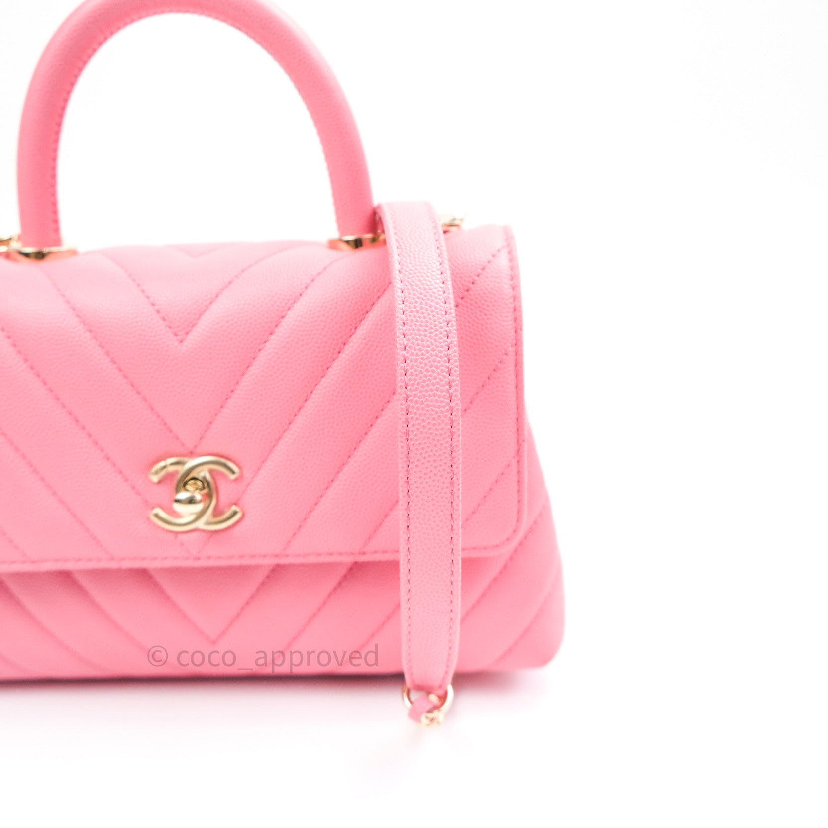 Chanel Mini Coco Handle Chevron Pink Caviar Quilted Gold Hardware Coco Approved Studio