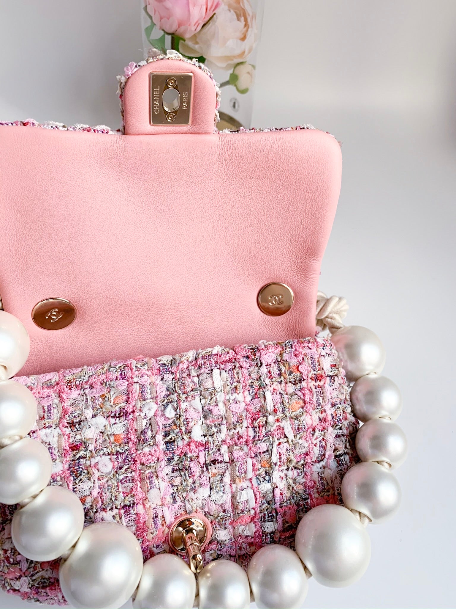 Chanel Pink Tweed Small Pearl Handle Flap Bag Chanel  TLC