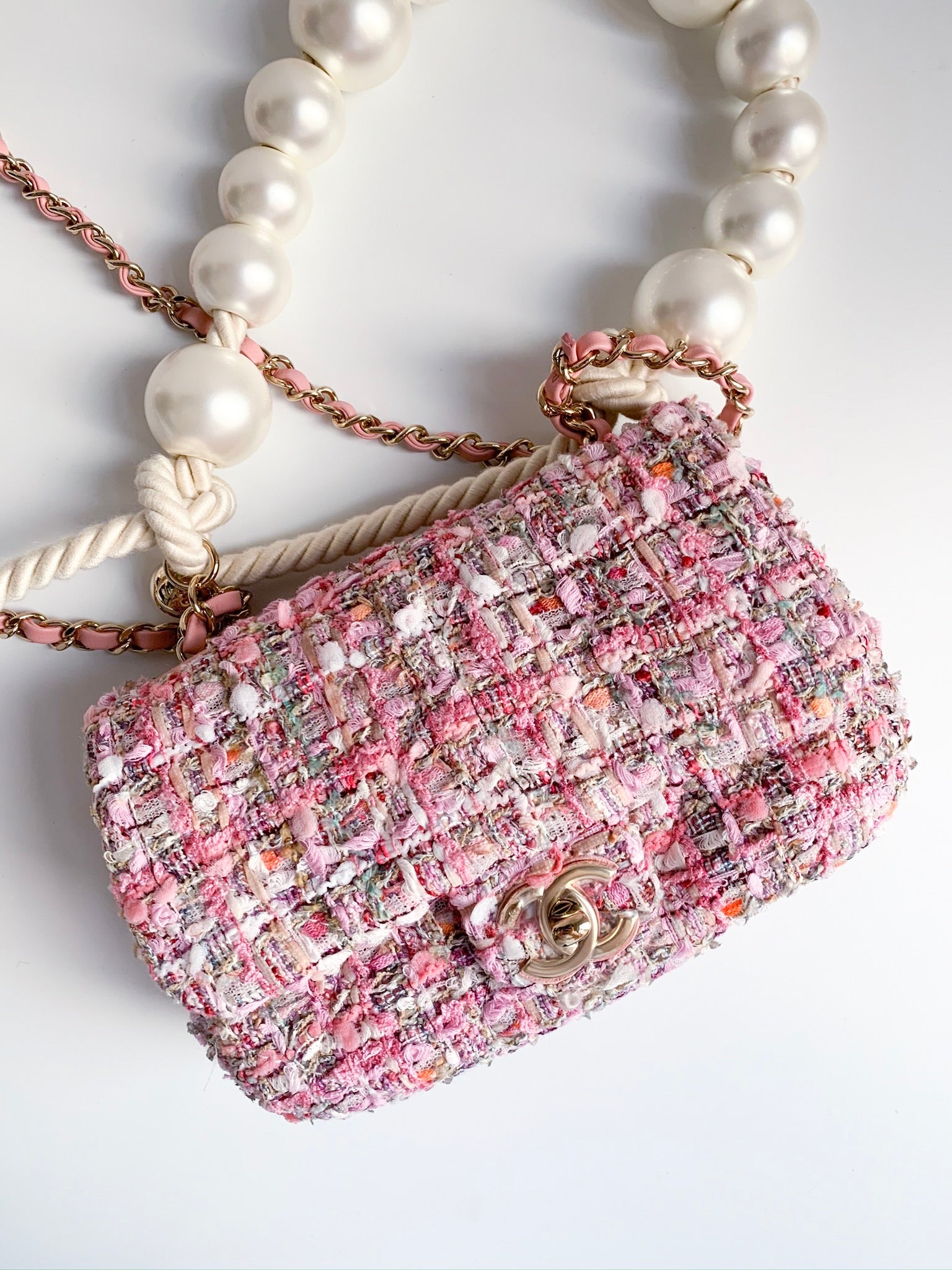 CHANEL Mini Pearl Handle Flap Bag in Pink Tweed  Dearluxe