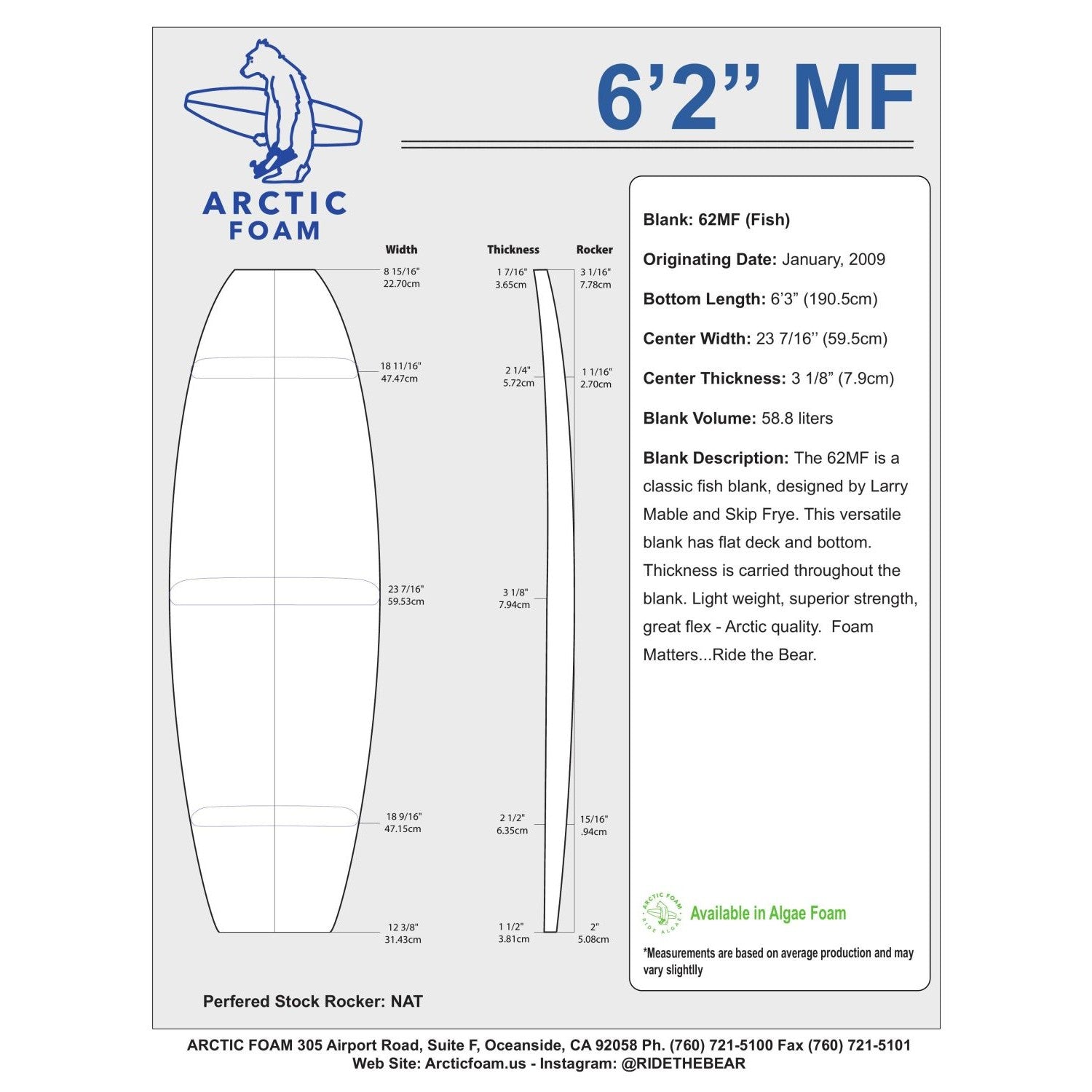 Arctic Foam Blanks 6'2" MF Australia