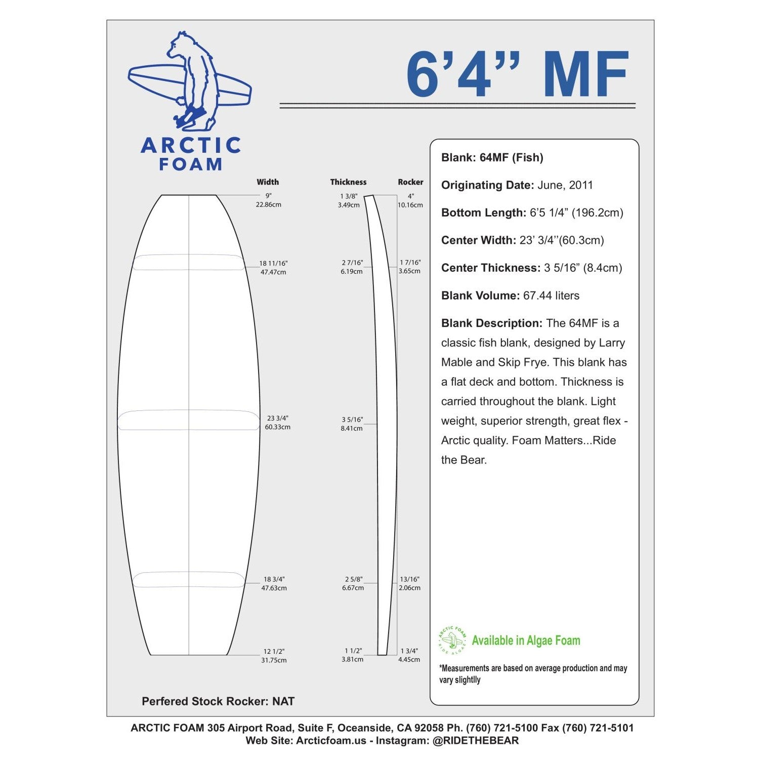 Arctic Foam Blanks 6'4" MF
