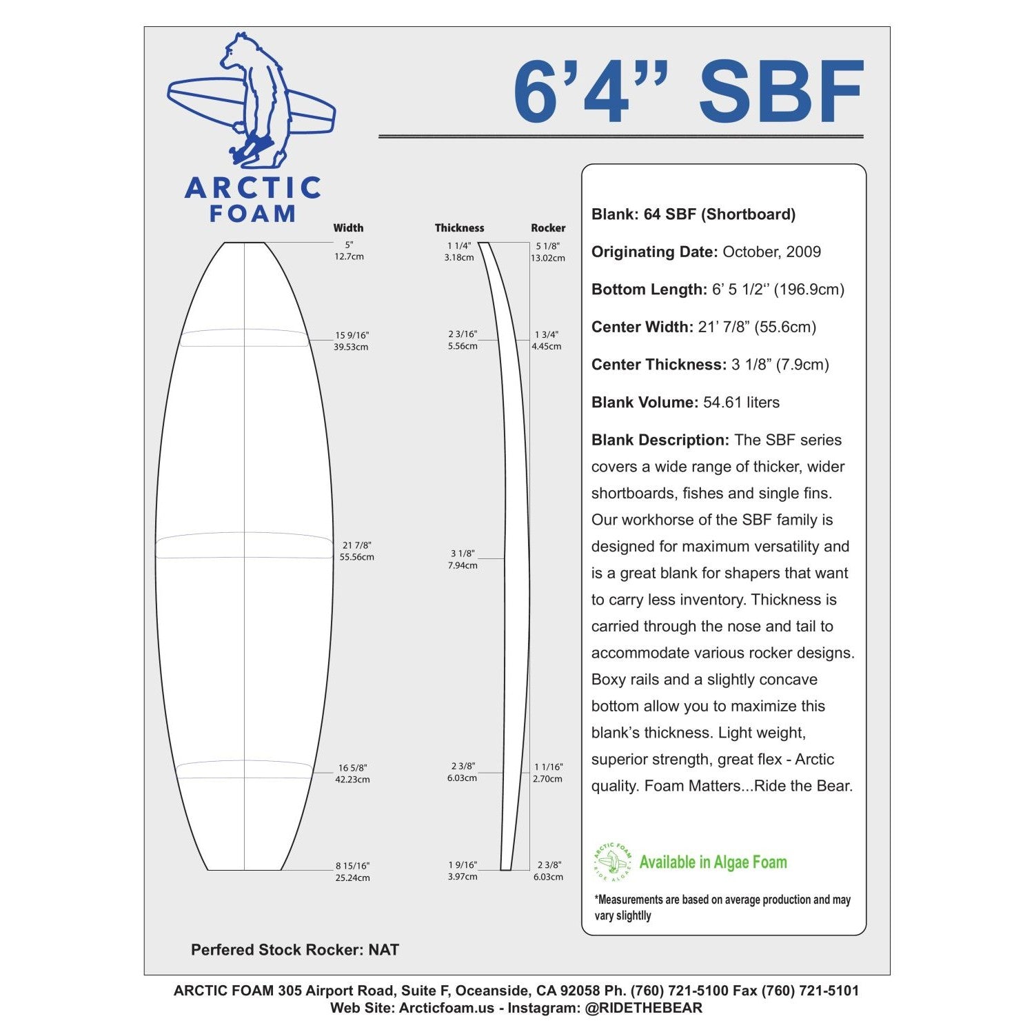 Arctic Foam Blanks 6'4" SBF
