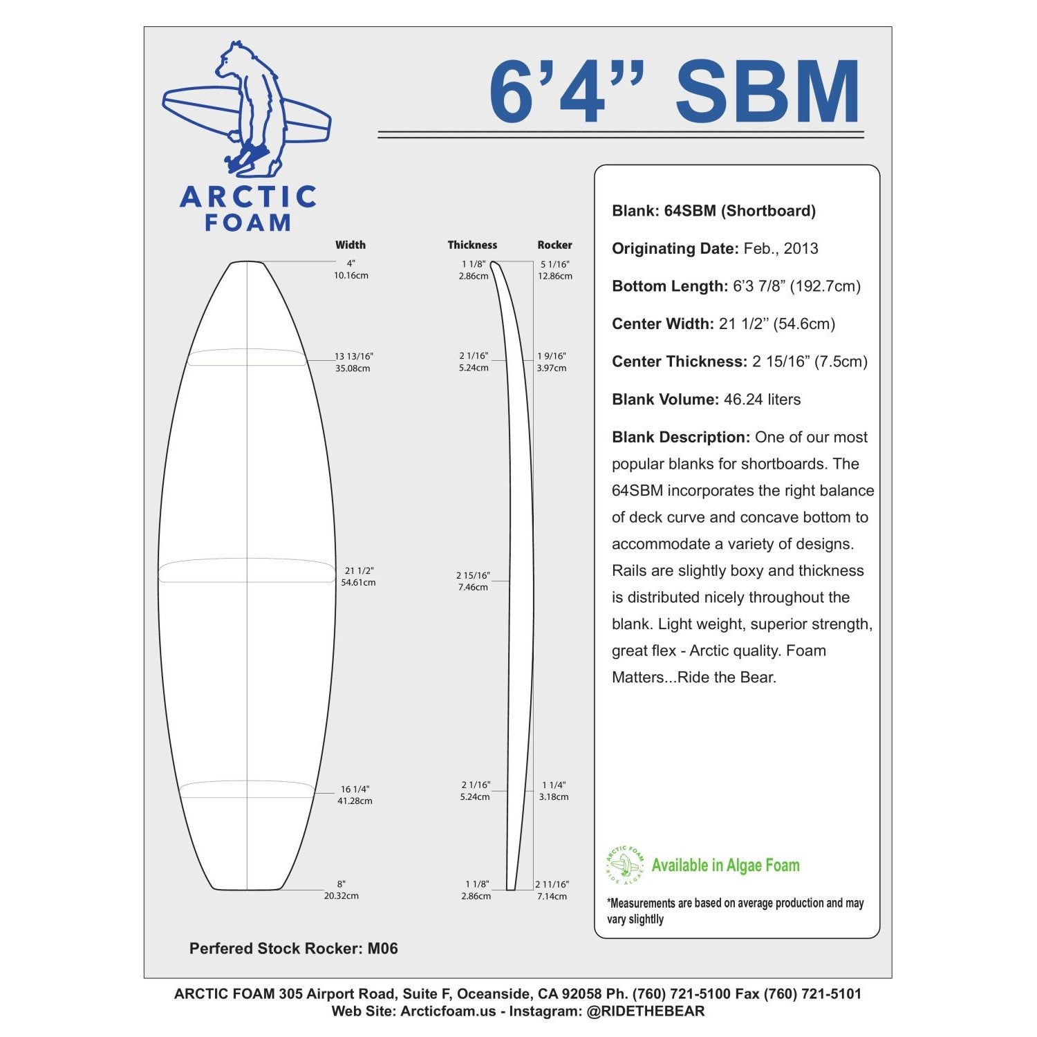 Arctic Foam Blanks 6'4" SBM Australia