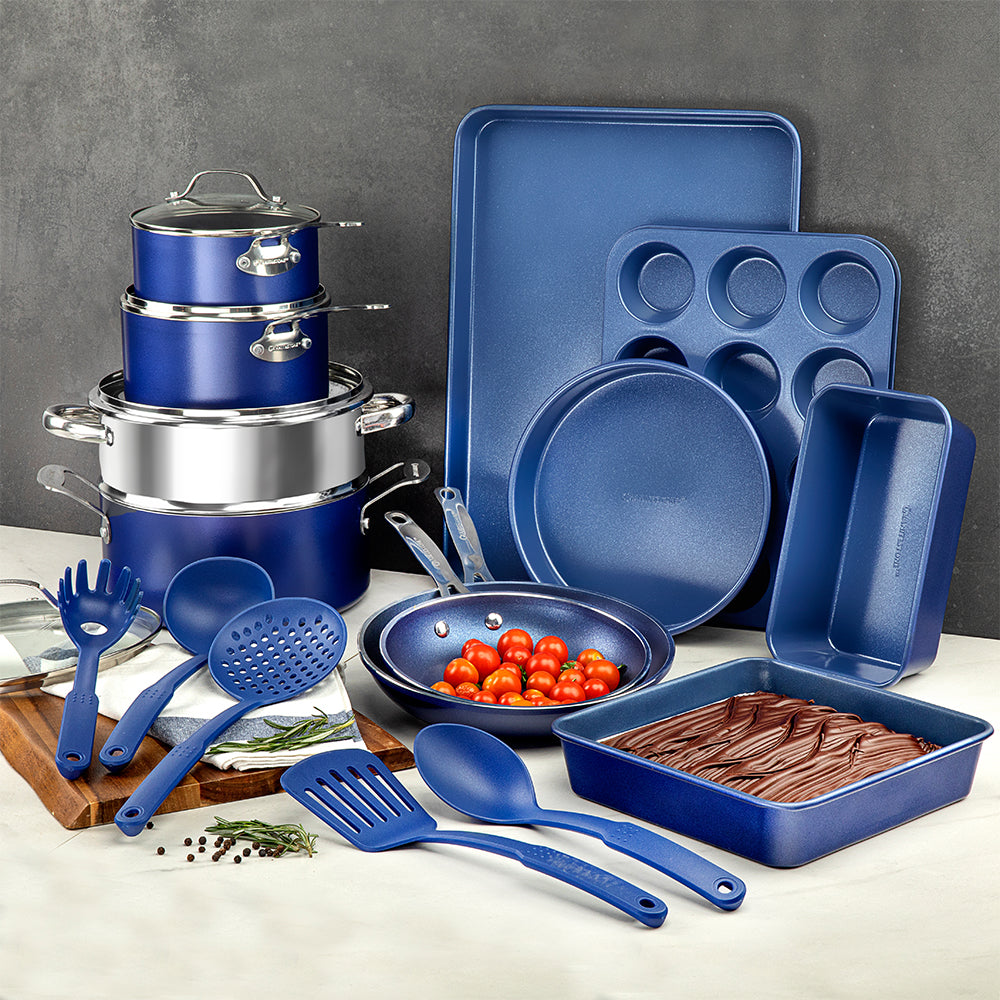 Granitestone 20-Piece Blue Aluminum Ultra-Durable Diamond Infused Coating Nonstick Express Cookware and Bakeware Set