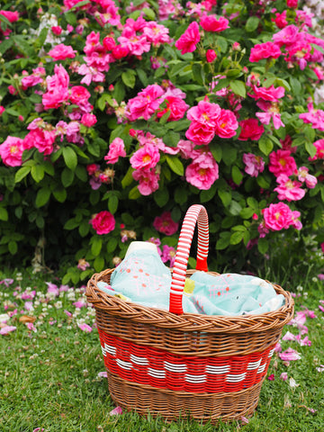 Picnic-Basket-In-Front-Of-Bright-Pink-Roses