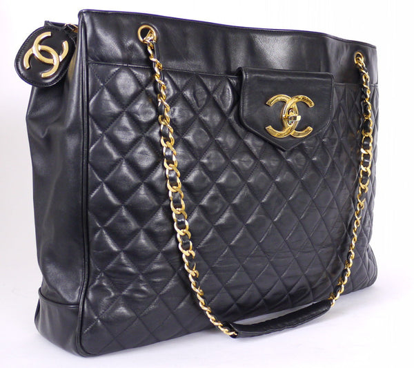 Chanel Black Lamb Skin Jumbo Shopping Tote Bag Weekender Rare – Garo ...