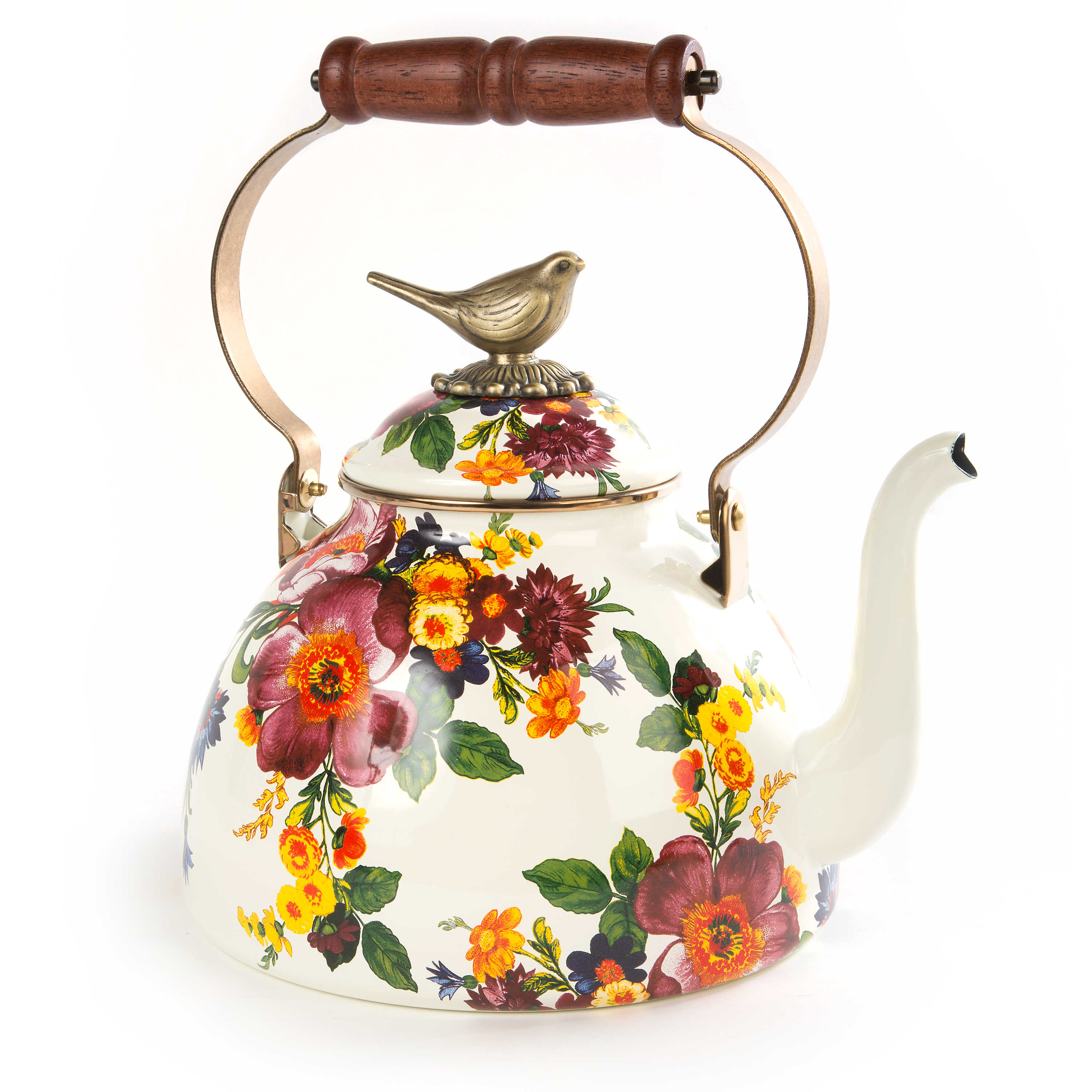 MacKenzie-Childs Wildflowers Enamel 2 Quart Tea Kettle - Pink