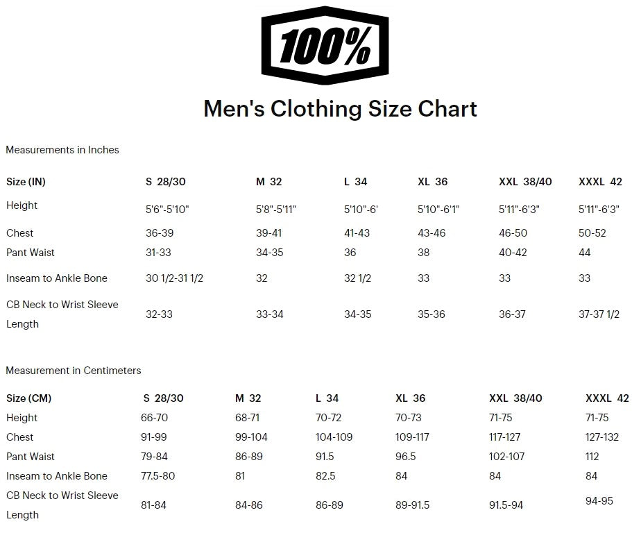 100% Men's Clothing Sizing Chart