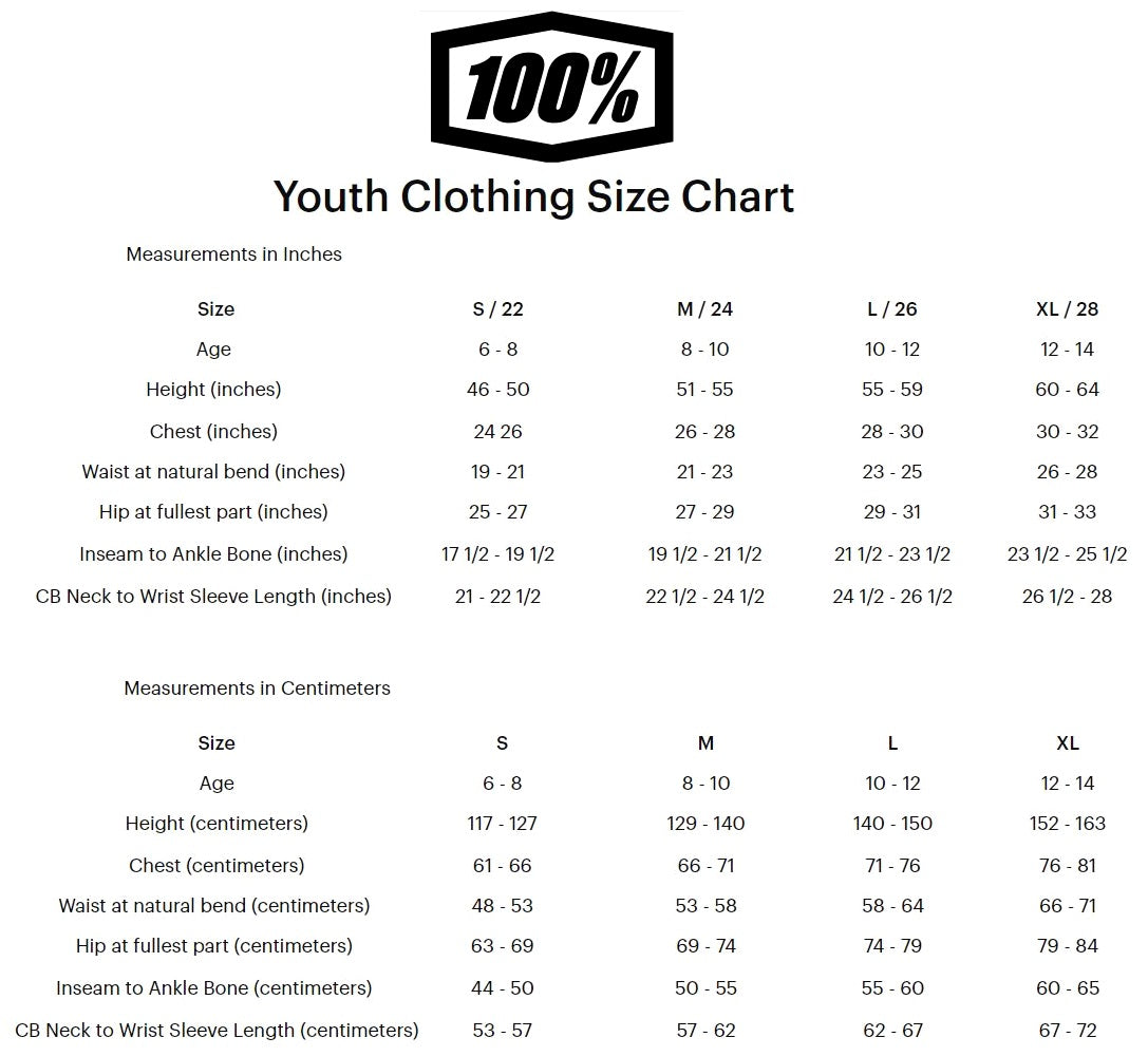 100% Youth Clothing Sizing Chart