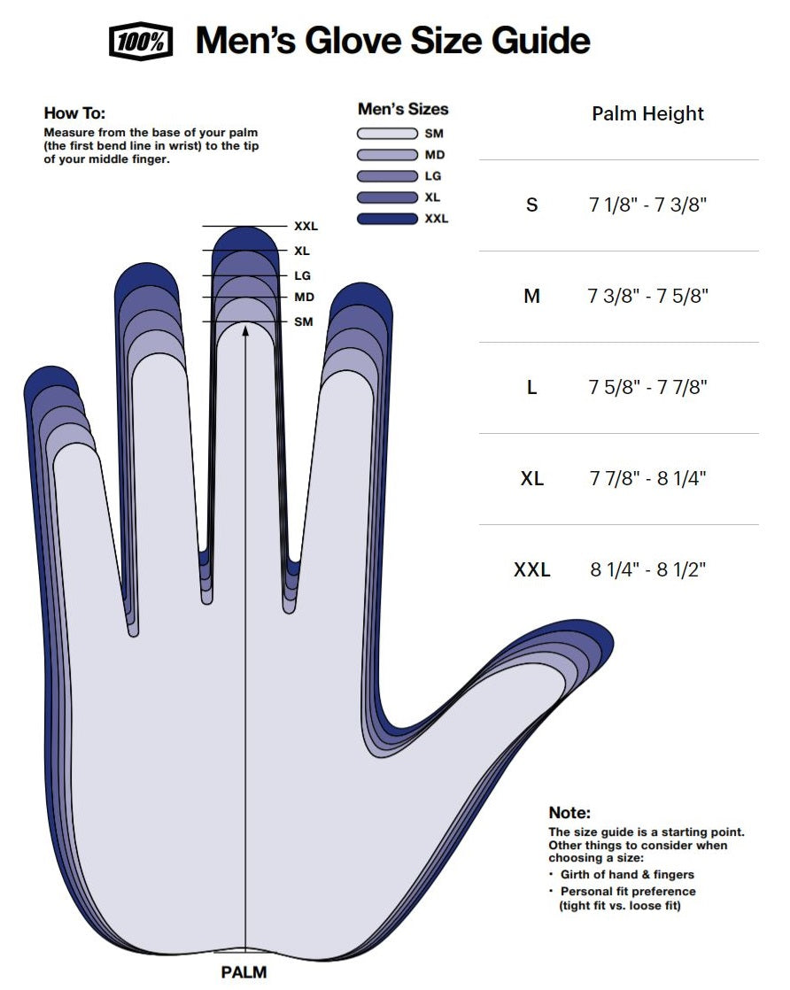 100% Men's Glove Sizing Guide