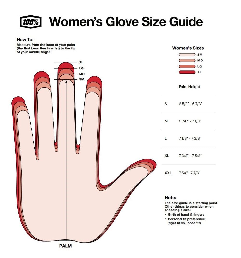 100% Women's Glove Sizing Chart