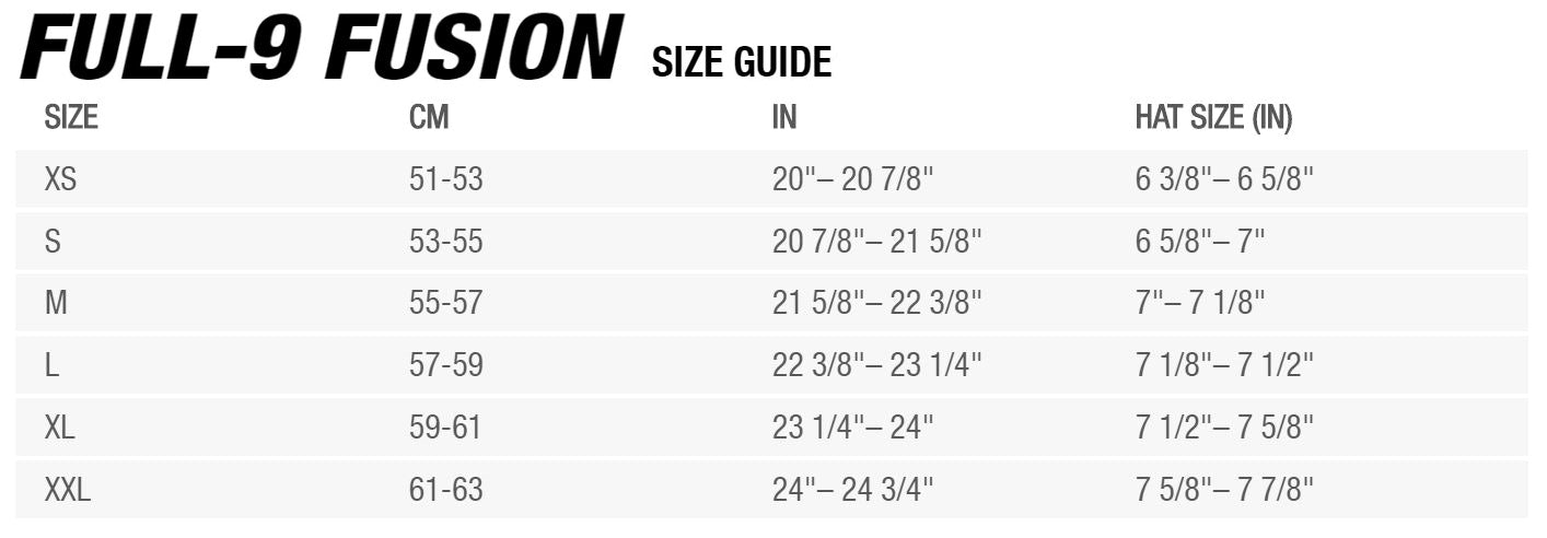 Bell Full-9 Fusion Sizing Chart