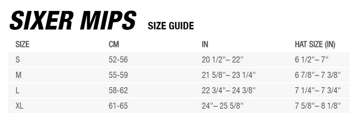 Bell Sixer MIPS Sizing Chart
