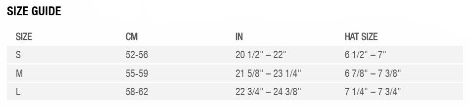 Bell Super 3R MIPS Helmet Sizing Chart