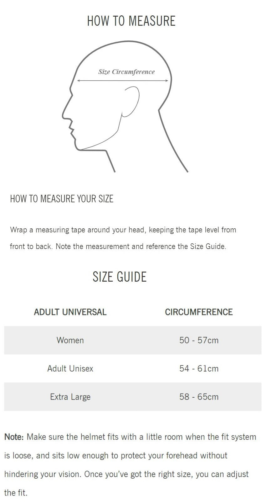 Giro Universal Helmet Sizing Chart