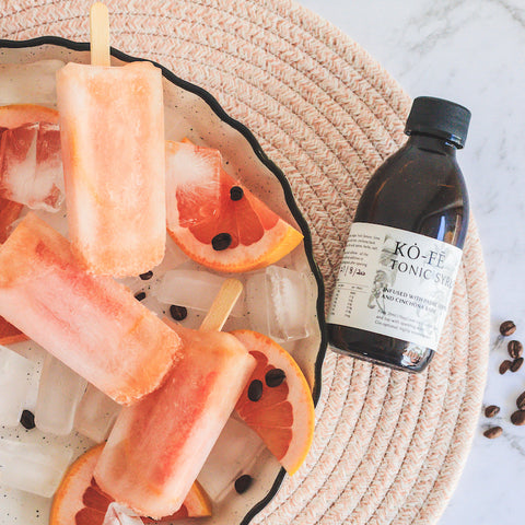 Grapefruit icy poles with pieces of fresh fruit and sinkonah tonic syrup