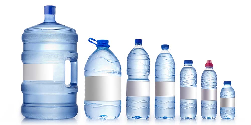 Bottles showing different kinds of water