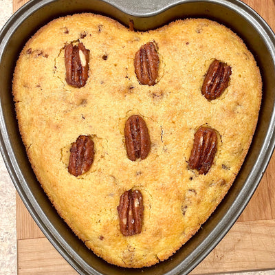 Cornbread with The Spicy candied pecans in a heart-shaped pan