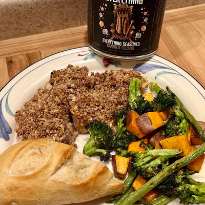 Fortune Favors The Everything Pecan-crusted chicken with vegetables and bread