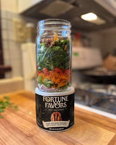 Mason jar salad with Fortune Favors The Everything candied pecans