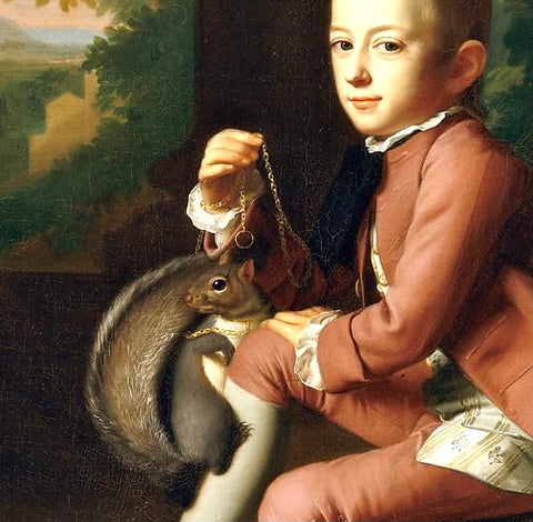 Old time renaissance painting of kid and a squirrel