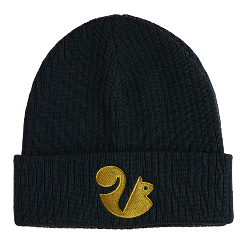 Black beanie hat with gold squirrel logo.