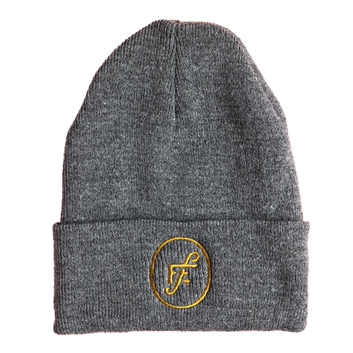 Gray beanie hat with gold FF logo.